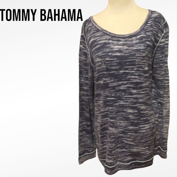 Tommy Bahama Tops - TOMMY BAHAMA Long Sleeve KNIT Top Large BLUE WHITE Stretch COASTAL EUC